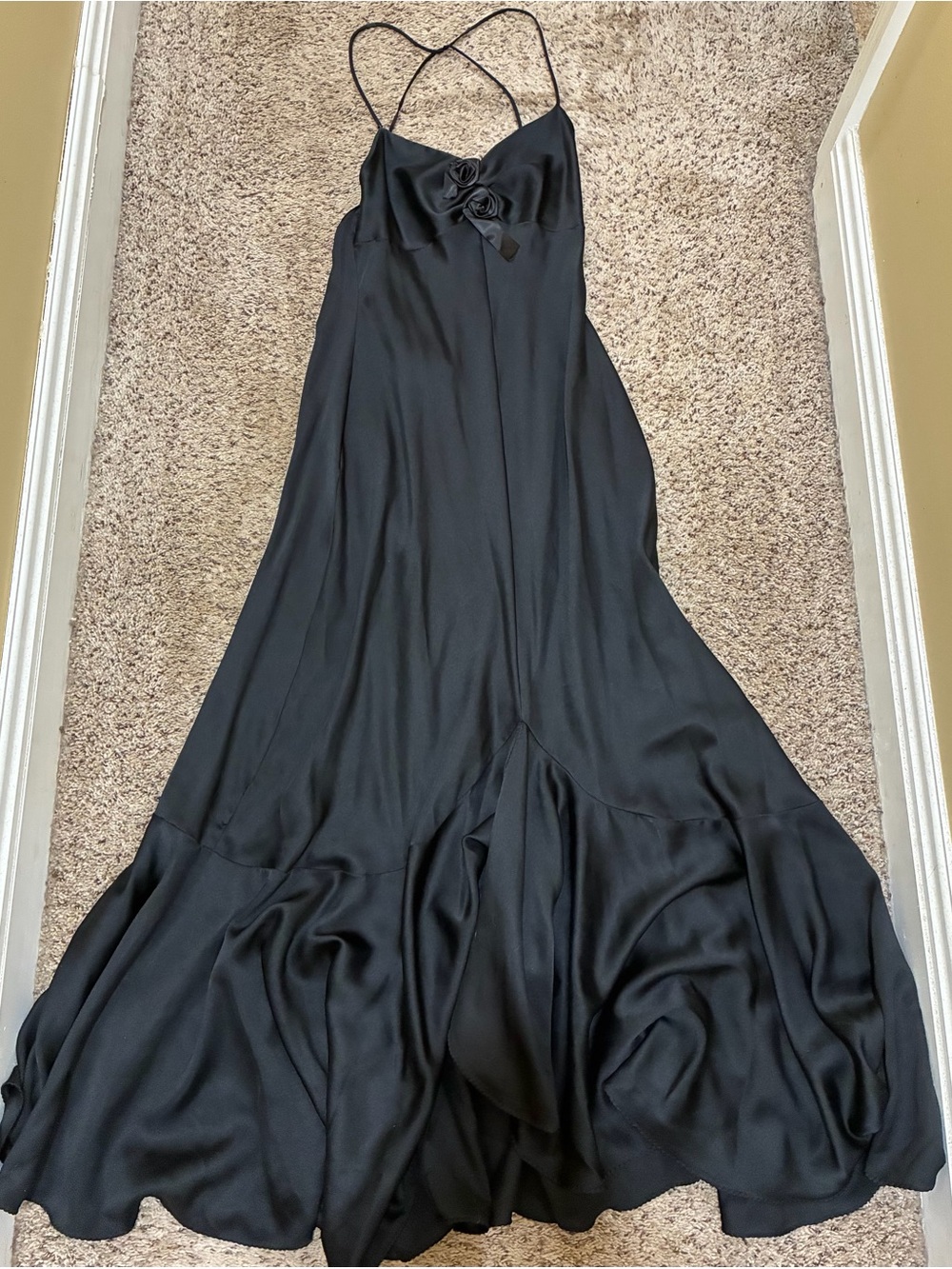 Dynasty by Nolan Miller Black Satin Slip Gown with Rosette Detail